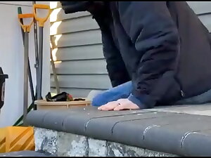 Grinding Massage Balls with Pelvis and thighs upstairs Steps in Jeans