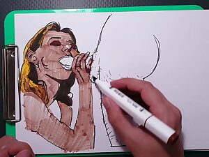 Inferior painter draws erotic picture, blowjob girl