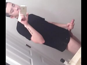 Cute tattooed teen rubbing his juicy cock and loving it